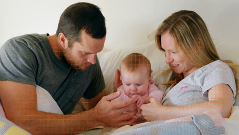 Vorderansicht-Von-Erwachsenen-Kaukasischen-Eltern,-Die-Mit-Ihrem-Baby-Auf-Dem-Bett-In-Einem-Komfortablen-Zuhause-Spielen,-4K