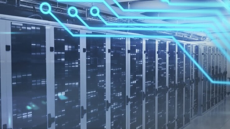 Digital animation showcases data flow in a global network server room concept.