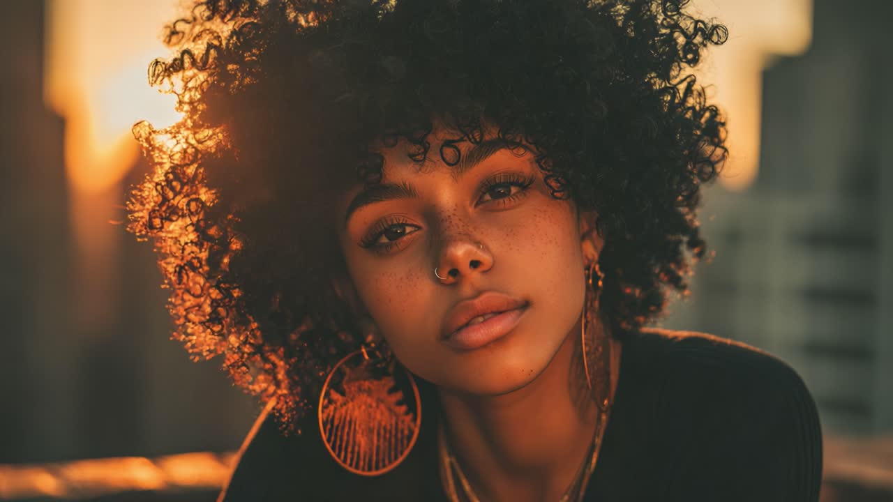 A Young Woman with Curly Hair Captivatingly Gazes into the Camera Against a Glowing Sunset, Highlighting Her Unique Features and Expressive Personality