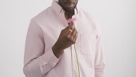 man smelling a pink daisy