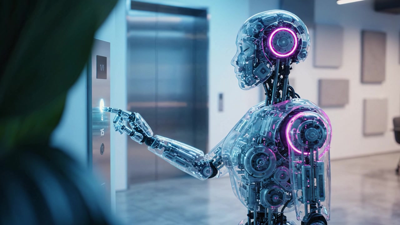 Görünür iç mekanizmaları ve parlayan vurgularıyla fütüristik bir insansı robot, modern bir iç ortamda bir asansörün yakınında durarak ileri teknolojiyi örnekliyor.
