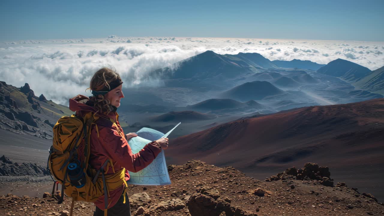 Adventurous female backpacker studies a paper map on a rocky volcanic ridge above a dramatic cloud inversion, with distant mountain peaks and valleys creating an inspiring wilderness panorama