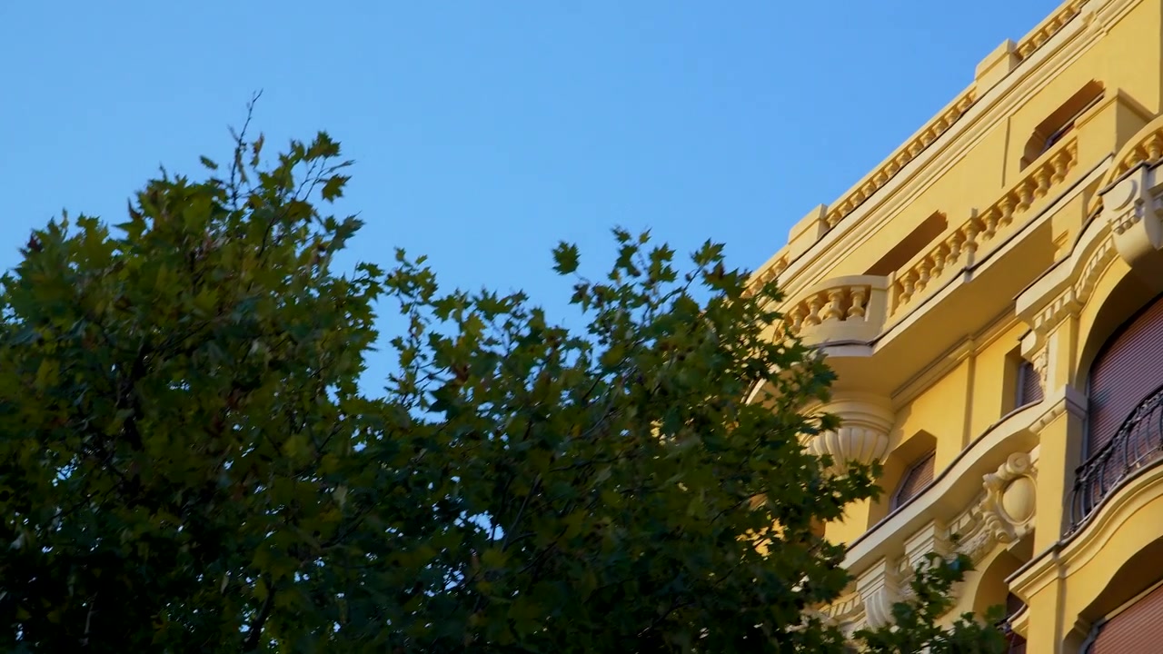 Tomada de ângulo baixo de uma fachada amarela de edifício histórico e árvores verdes exuberantes contra um céu azul claro em Madrid, Espanha. Cena urbana autêntica para conteúdo de viagens e estilo de vida.