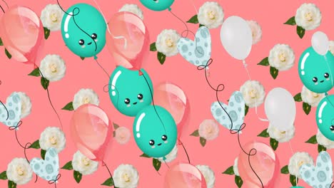 animation of colorful balloons flying and roses over pink background