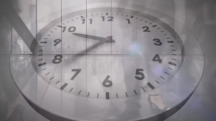 Animation of ticking clock against time-lapse of low section of businesspeople walking at office