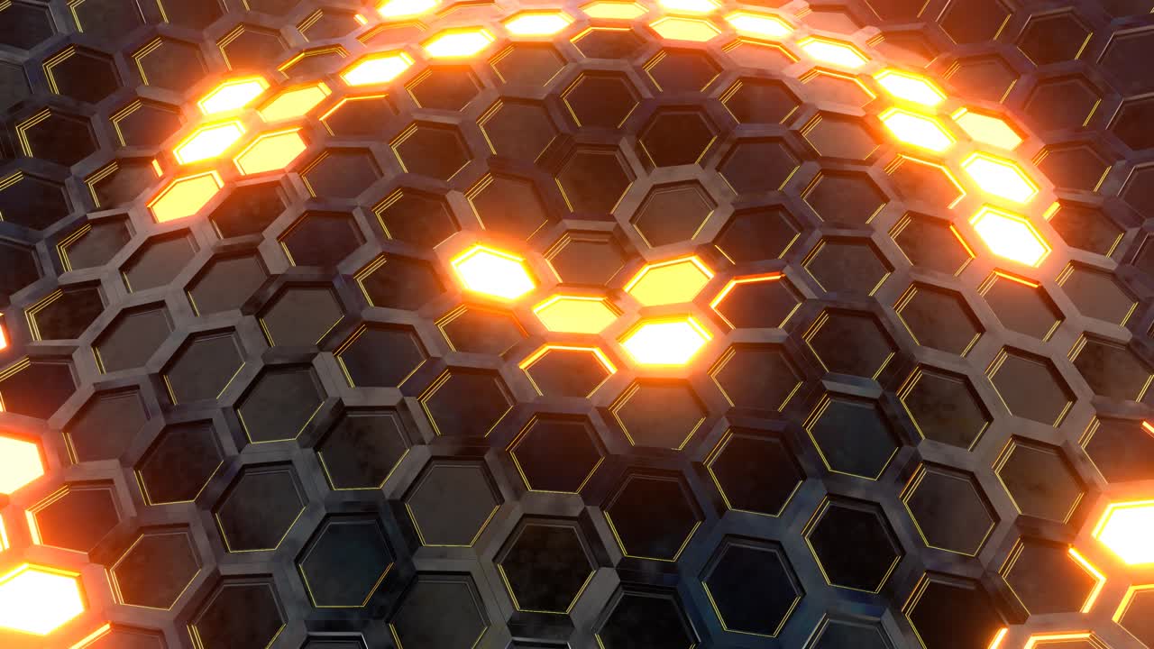 el fondo de la tecnología científica, los hexágonos de ciencia ficción futuristas brillan con luces de neón. animación de renderización 3d
