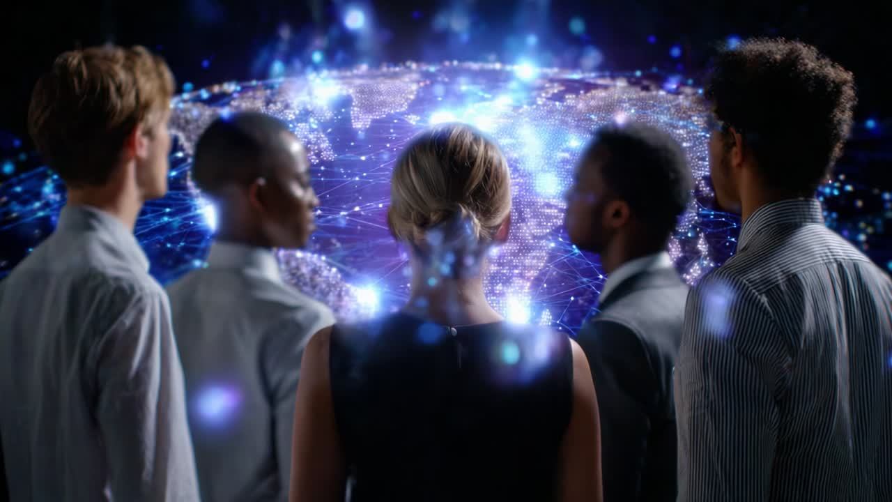 A Diverse Group of Individuals Staring at a Futuristic Satellite Image of Earth, Analyzing Global Connections and Technologies That Influence Modern Society and Cooperation Across Continents