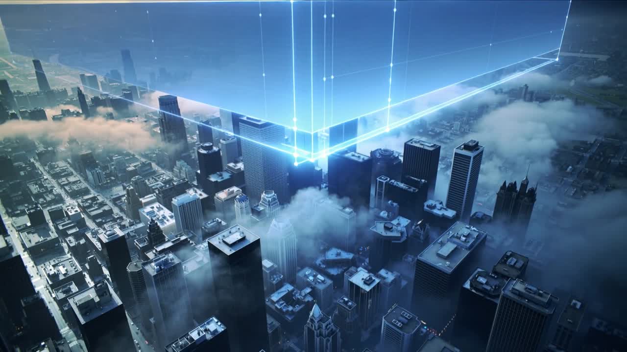 Blue hologram emerging horizon sweeping over urban core emitting beams aligning roofs for planning