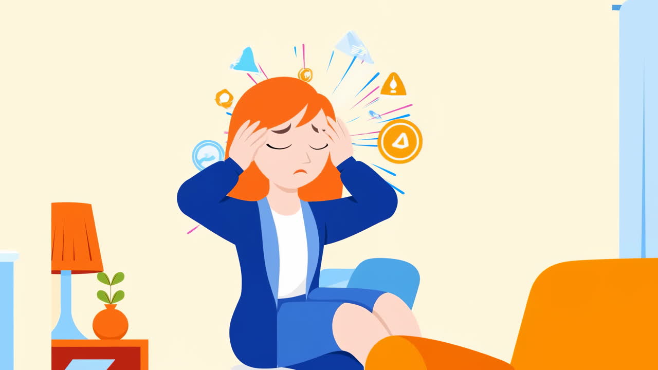 Animated Woman Experiencing Stress and Financial Anxiety at Home