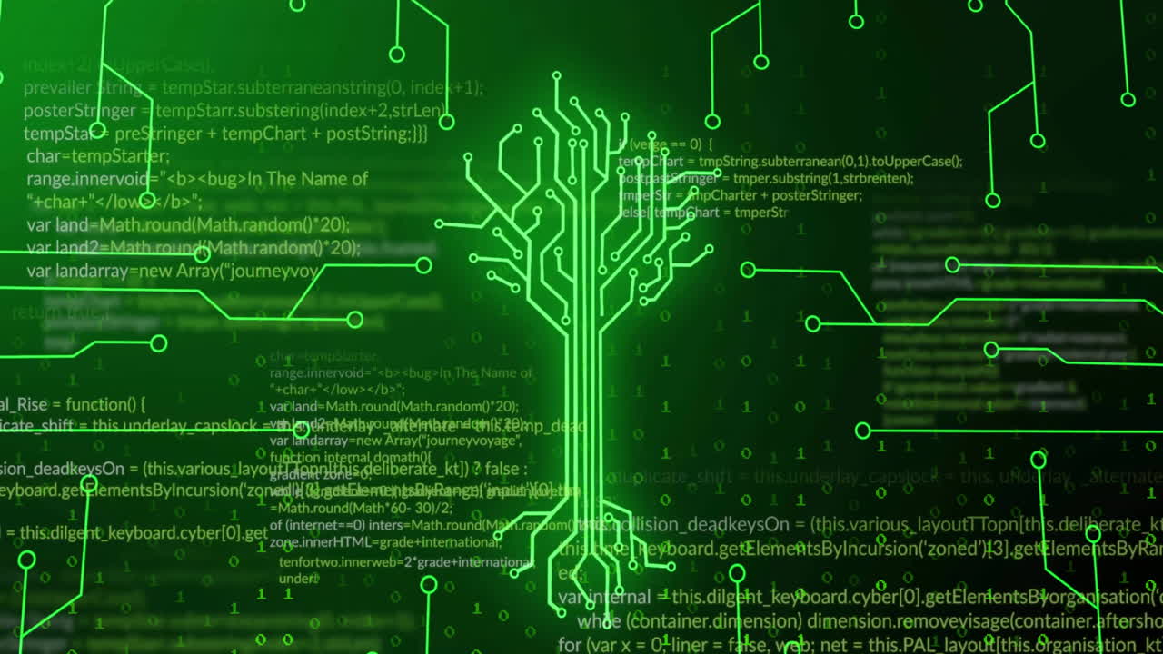 Animation of green motherboard and tree network over processing data on dark background