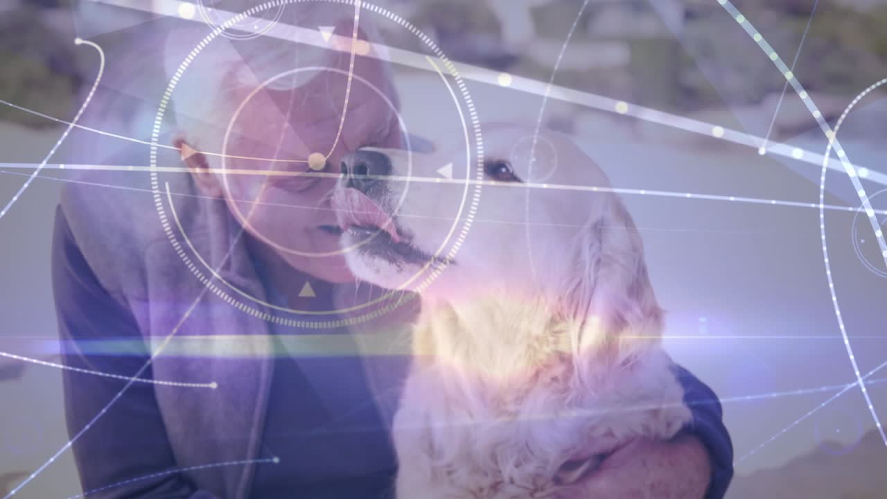 Senior man smiling wrapping arm nuzzling dog for pet care while specks and light bands orbiting