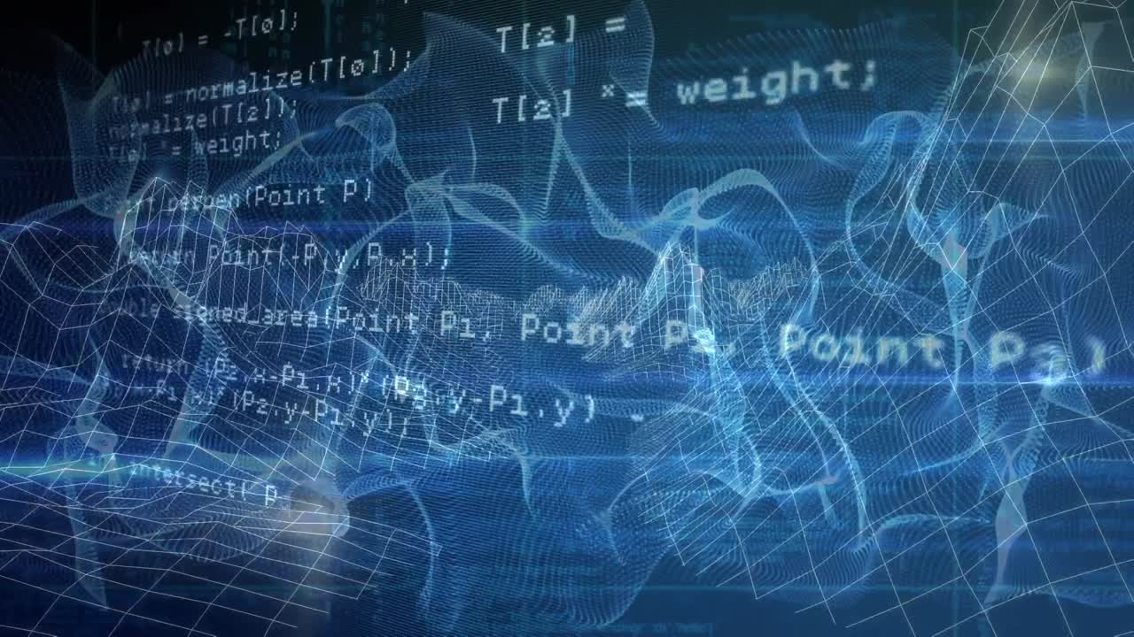 Animation of data processing and digital mountains on black background