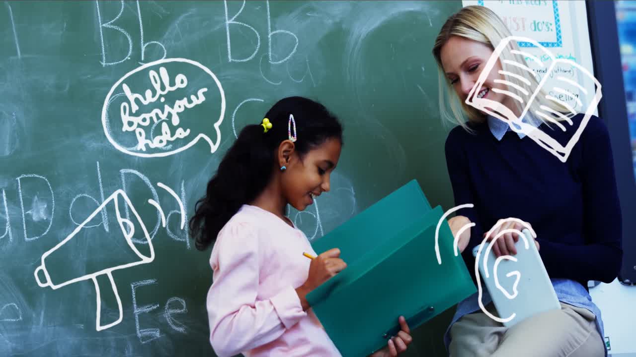 video compuesto de iconos del concepto escolar contra una maestra caucásica que enseña a una niña en clase