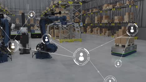 Animation-of-network-of-conncetions-with-icons-over-robotic-arms-and-boxes-in-warehouse