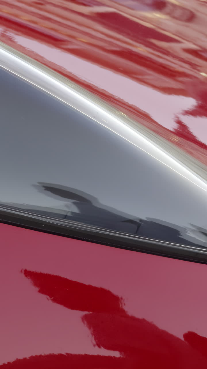 Close-up of a red car's hood and rear window