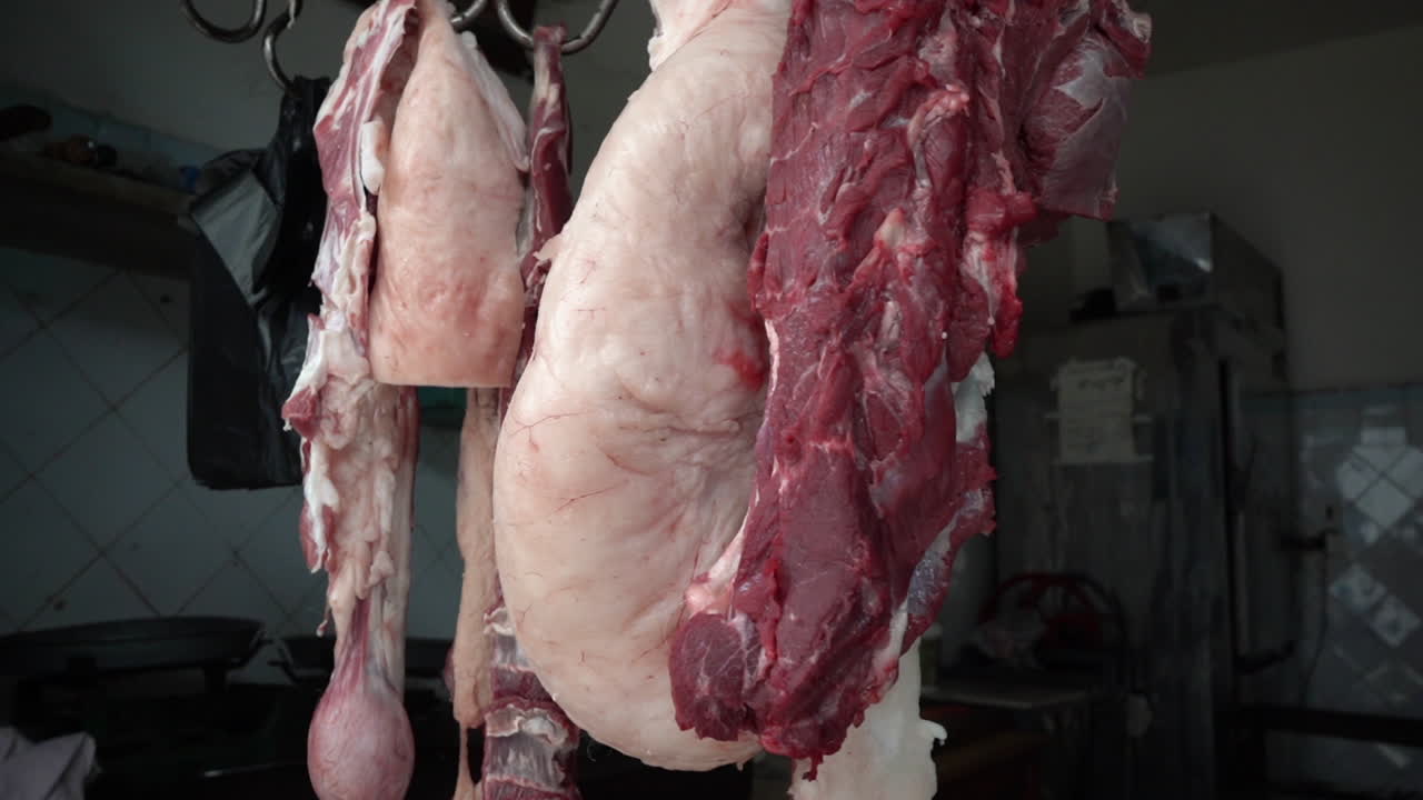 Hanging Lamb Meat in Butcher Shop in Middle East, Close Up