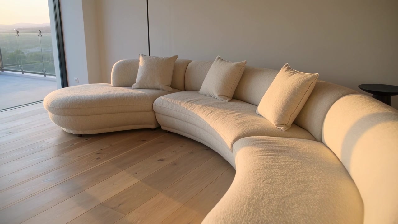 Panorerende kamera cirkler omkring buet cremefarvet sofa i stuen, fremhæver puder, puf, glasdør