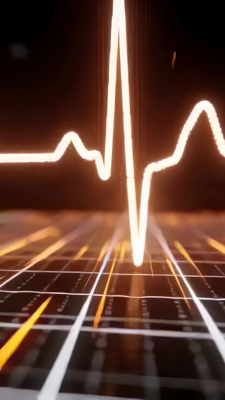 Video verticale: Tracciato ECG luminoso che si sviluppa verso un picco, muovendosi su una griglia e mostrando un impulso cardiaco.