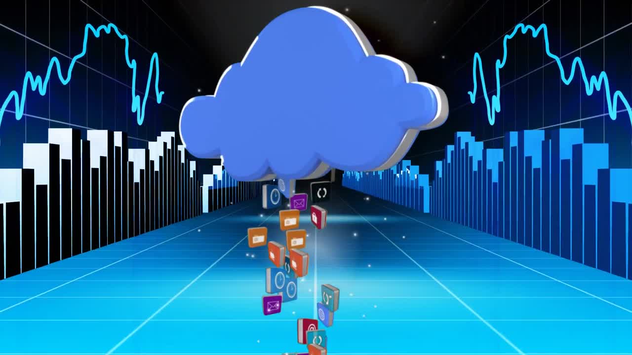 Icons rising into a blue cloud travelling beween moving charts