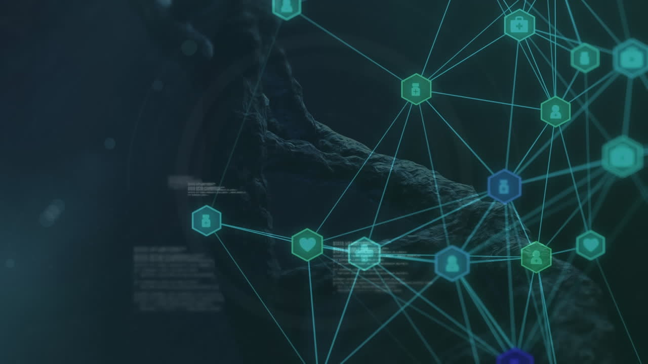 Digital composite video of web of connections with icons moving against dna structure spinning