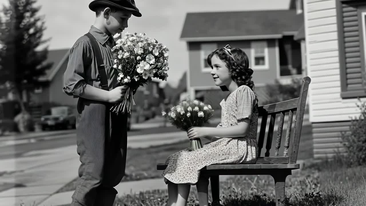 Videobilde i vintagestil av en gutt som gir blomster til en jente på en benk