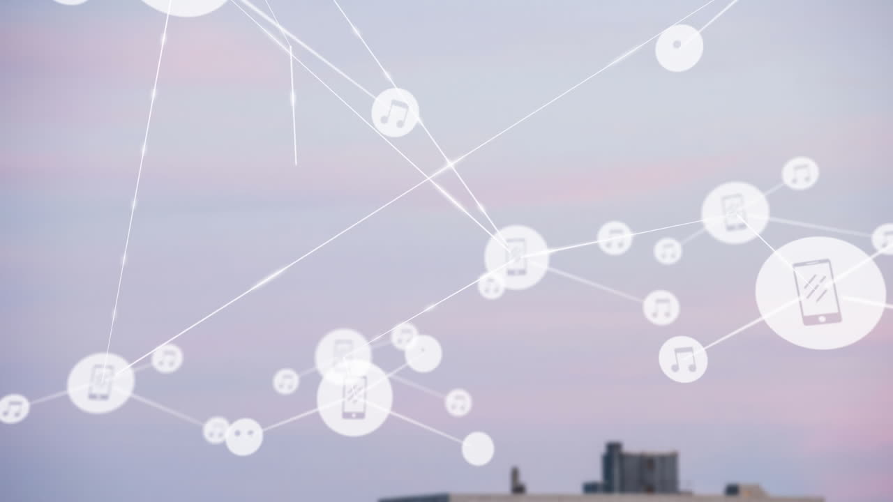 회색 하늘을 배경으로 디지털 아이콘 네트워크의 애니메이션