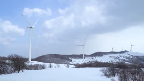 한 풍차가 근처에 서 있고, 여러 풍력 발전소가 한국의 눈 덮인 들판 목장에서 움직이고 전력을 생산하고 있습니다.