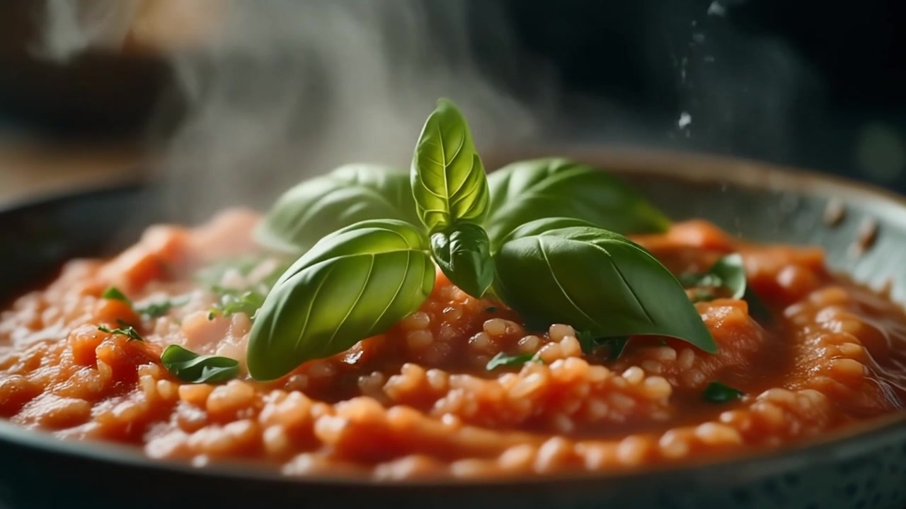 Foglie di basilico fresco adagiate su risotto al pomodoro fumante