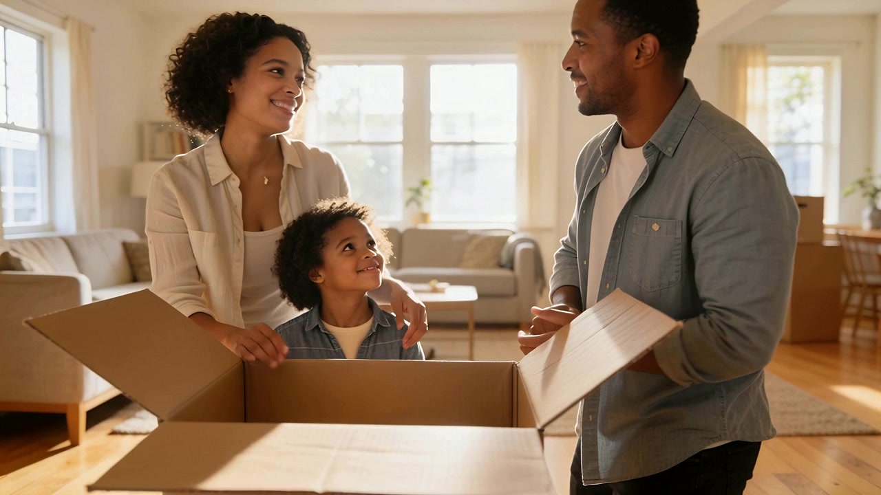 Clapping parents encouraging and steadying child inside cardboard box in living room during move