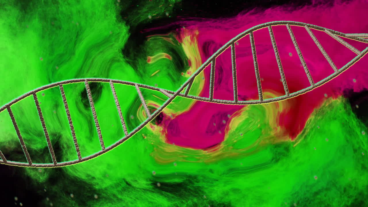 Animation of dna strand over pink and green shapes moving