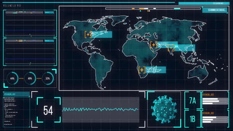 animación del mapa del mundo en una pantalla con iconos que aparecen, macro coronavirus célula de covid-19 analizada