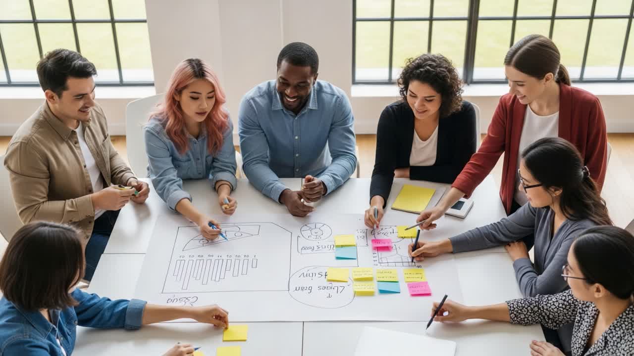A diverse group of colleagues brainstorming and collaborating on a project during a business meeting