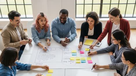 a diverse group of colleagues brainstorming and collaborating on a project during a business meeting