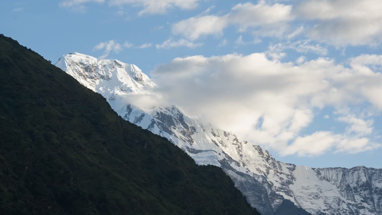 Nepal Timelapse of Mountains Landscape, Time Lapse of Clouds Moving over Snowcapped Snowy Winter Mountain Landscape in Beautiful Annapurna Mountains on a Hiking and Trekking View