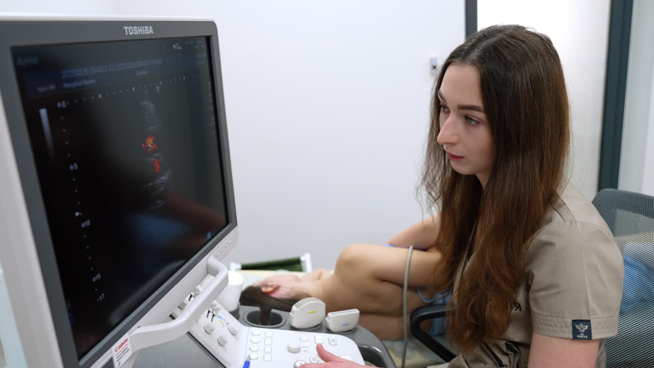 Kyiv, Ukraine, 2 August 2025: Doctor reviewing echocardiogram. Female cardiologist studies heart ultrasound results on monitor beside reclining patient