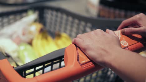 manos femeninas irreconocibles empujando el carrito de compras en la tienda de comestibles.