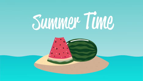 summer time lettering animation with watermelon in island