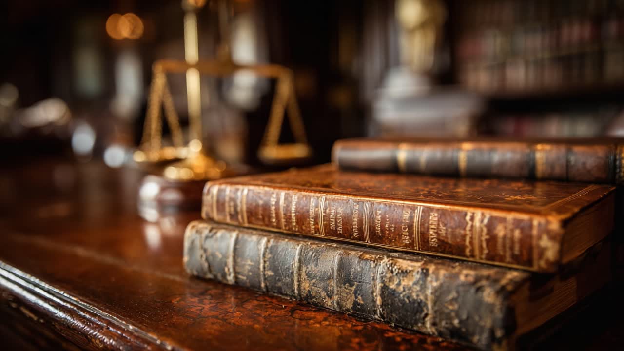 An Elegant Arrangement of Antique Legal Texts on a Wooden Desk Surrounded by the Luxurious Atmosphere of a Classic Library, Highlighting Justice and Knowledge