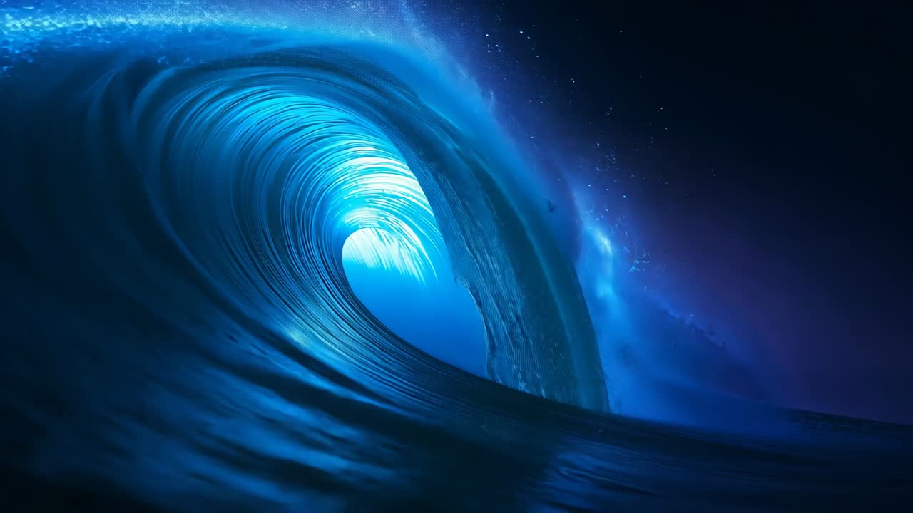 Moonlight initiating ocean wave barreling then collapsing, spraying droplets under starry sky