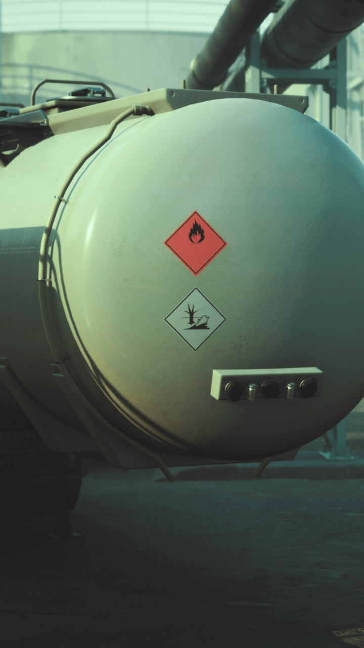 Segnali di avvertimento su serbatoio di gas industriale in un impianto di produzione.