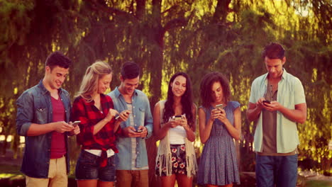 happy friends in the park using their phones