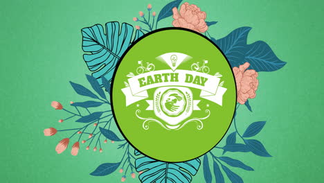 animation of earth day text and logo over flowers on green background