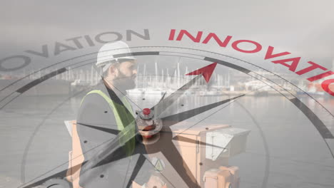 animation of compass spinning with motivation and business text over caucasian man in port