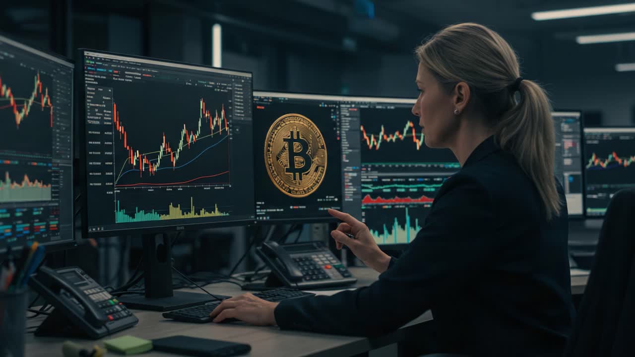 Analyzing Cryptocurrency Trends: A Professional Woman Intrigued by Bitcoin Market Movements in a High-tech Trading Environment