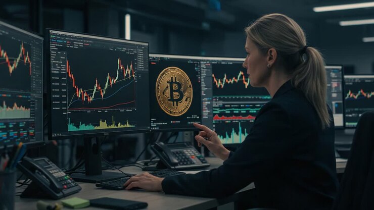 Analisi delle tendenze delle criptovalute: una donna professionista incuriosita dai movimenti del mercato Bitcoin in un ambiente di trading ad alta tecnologia