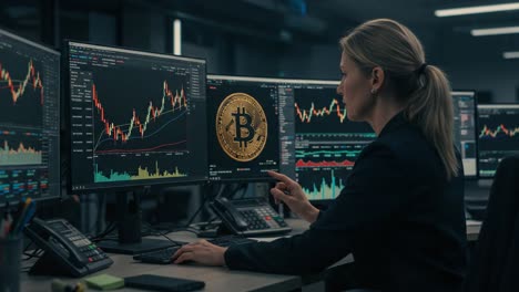 analyzing cryptocurrency trends: a professional woman intrigued by bitcoin market movements in a high-tech trading environment