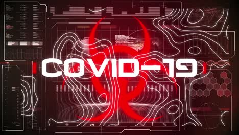 Animation-of-text-covid-19-and-red-biohazard-symbol-over-topographical-chart-and-data