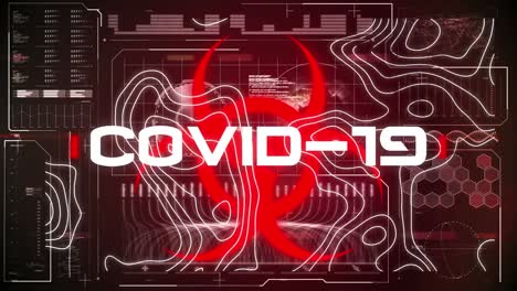 animación del texto covid 19 y el símbolo rojo de riesgo biológico sobre la carta topográfica y los datos