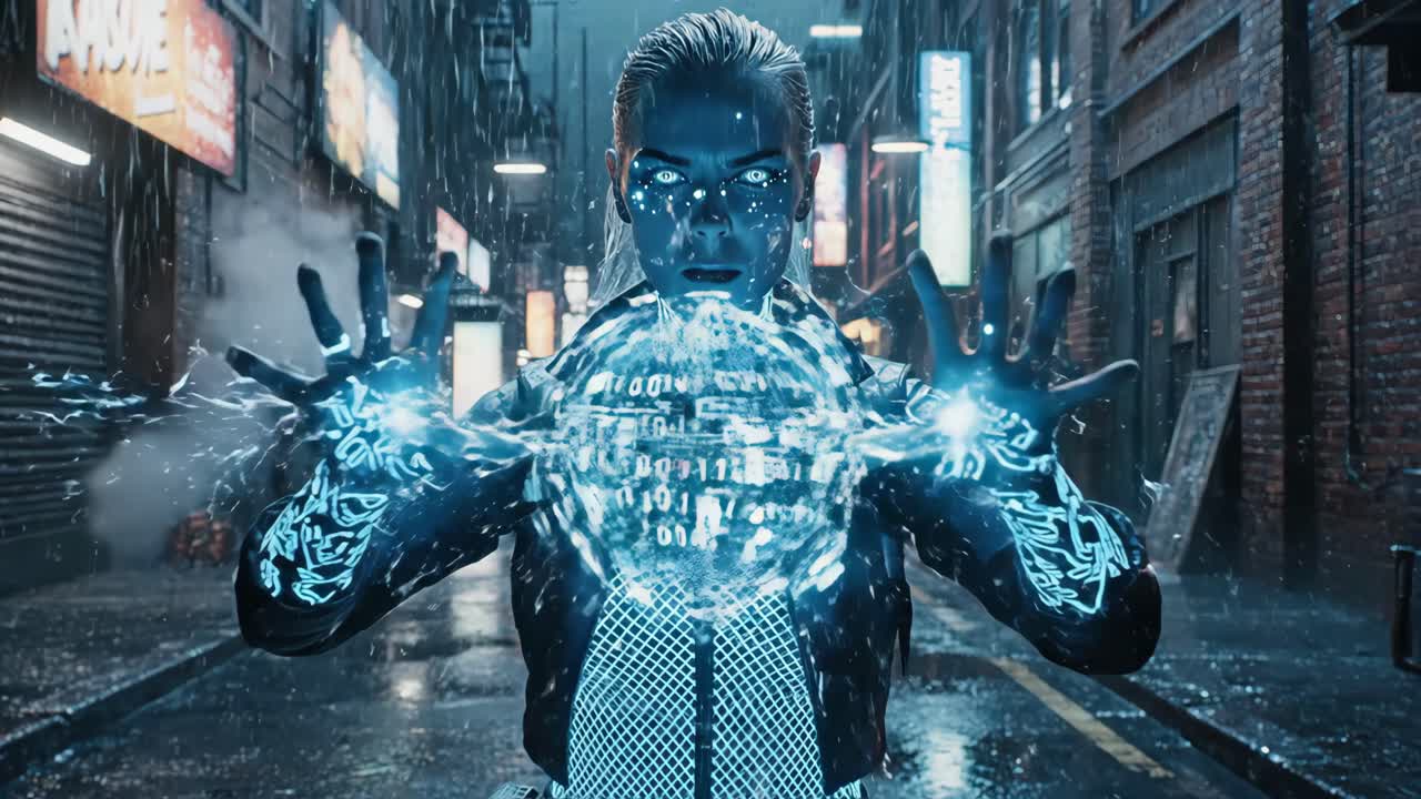 Cyberpunk Woman with Binary Code in Futuristic City