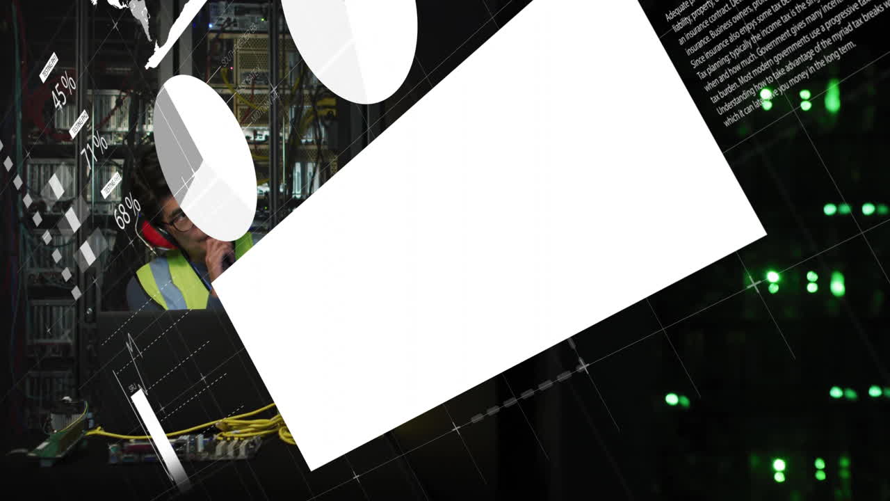 animación del procesamiento de datos sobre un ingeniero de ti afroamericano por servidores informáticos